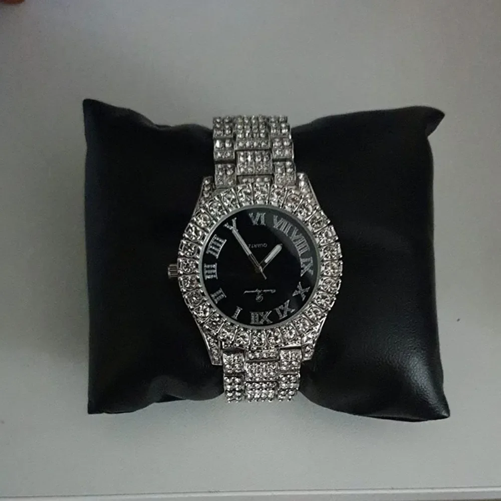Iced Out Roman Numeral BustDown Watch Silver Black Dial HipHop Bling Quartz